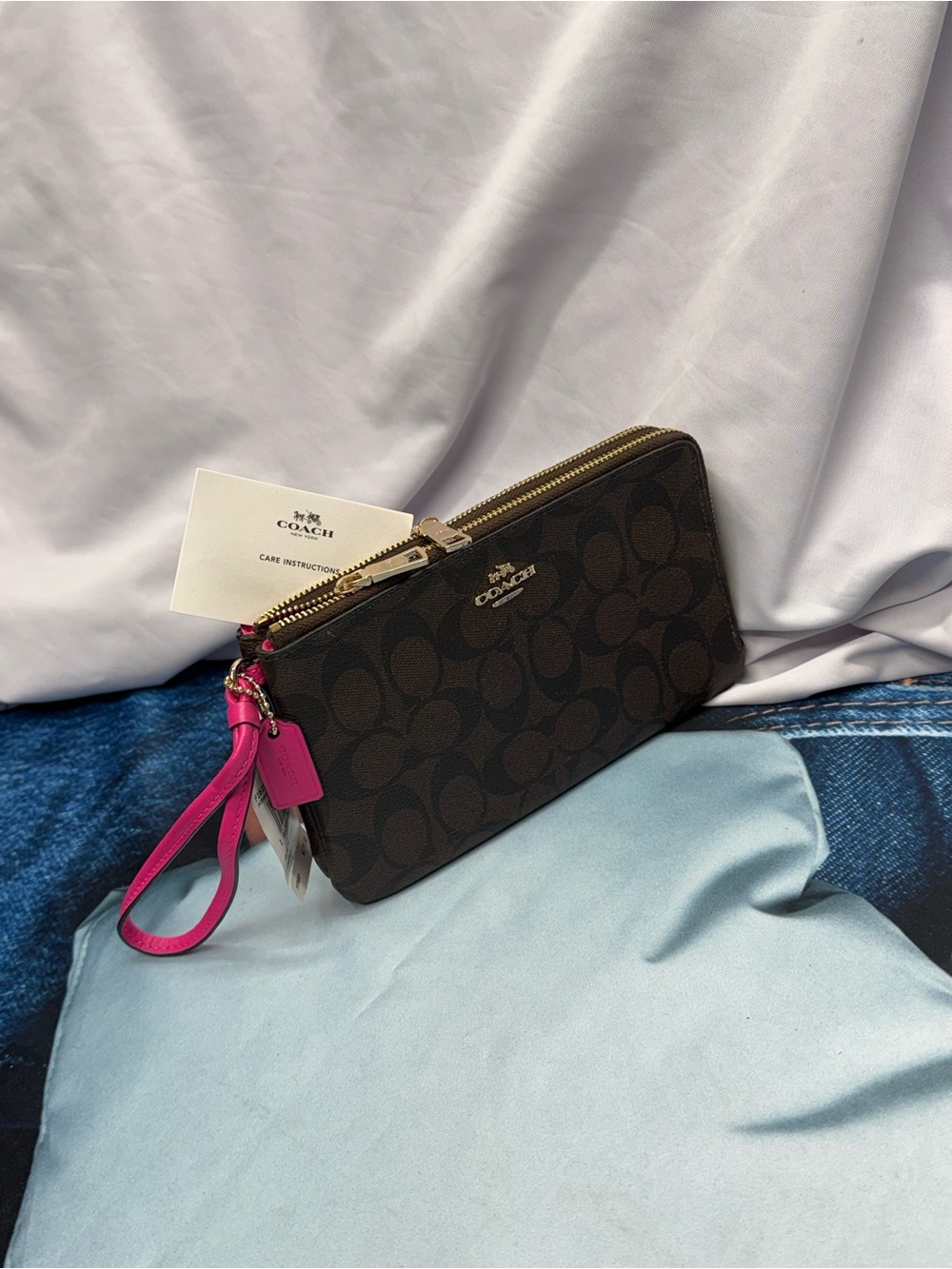 (new+tag) Coach Double-Zip Wristlet Brown Signature Monogram - Pink Wrist Strap - Picture 7 of 12